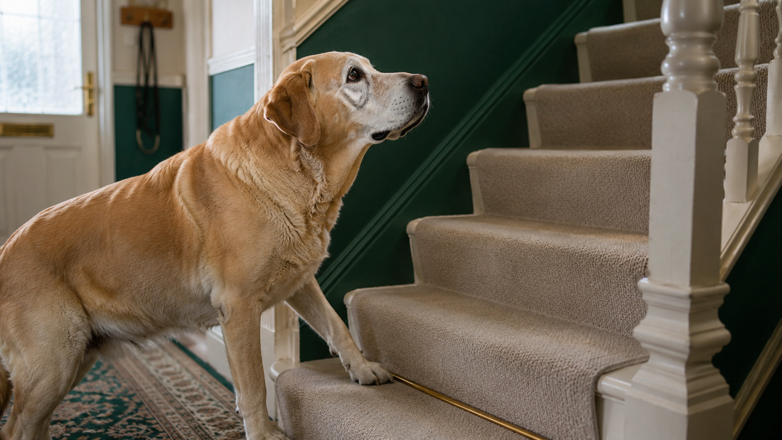 Senior yellow Labrador pausing at the bottom of the stairs with one paw on the first step