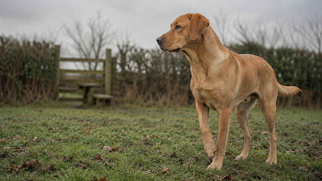 Young Labrador standing on wet grass with his weight shifted off one front leg