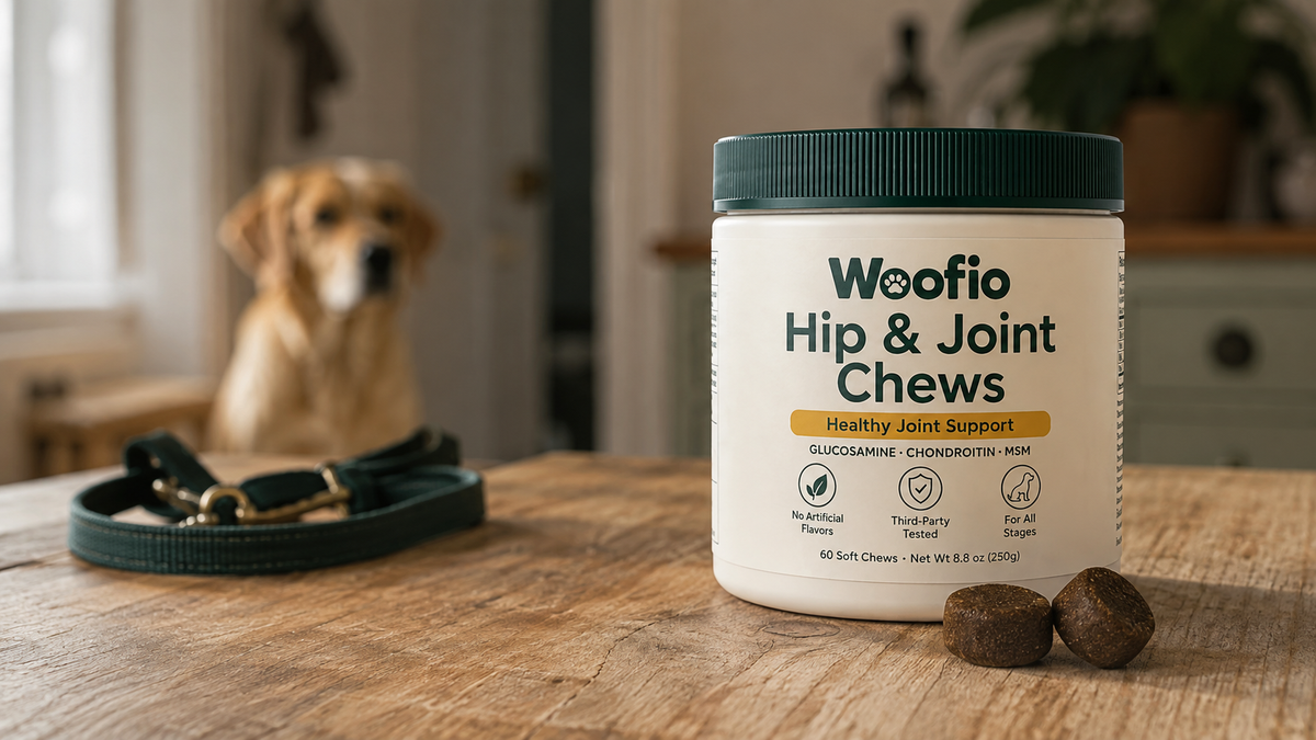 Woofio Hip and Joint Chews tub on a kitchen worktop with two soft chews beside it
