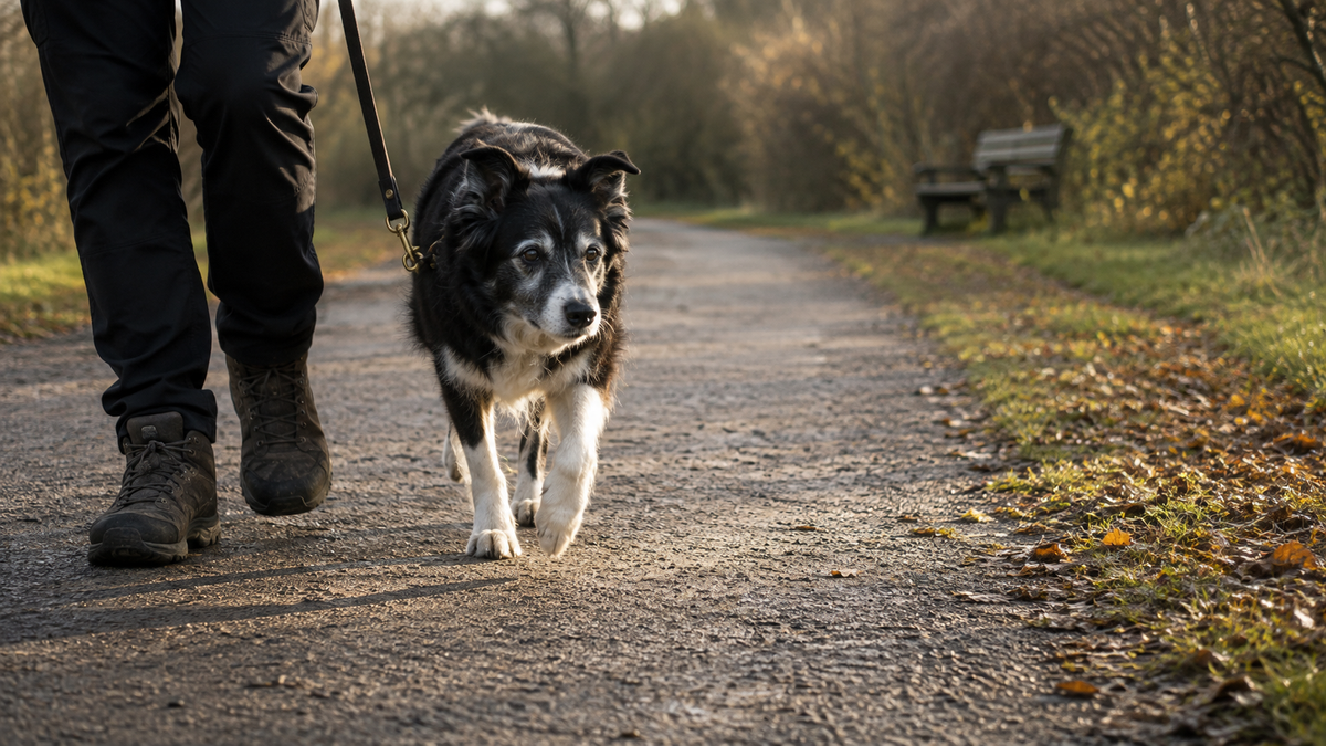 Senior Border Collie walking at a steady pace on a firm path beside their owner