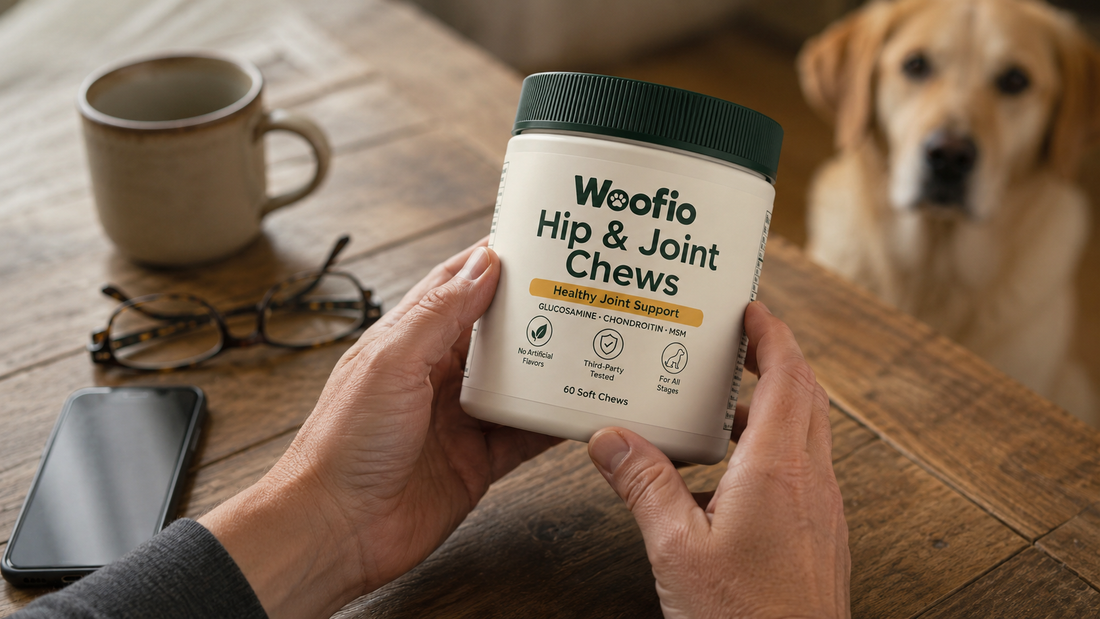 Hands holding a Woofio Hip and Joint Chews tub, turning it to read the ingredient label